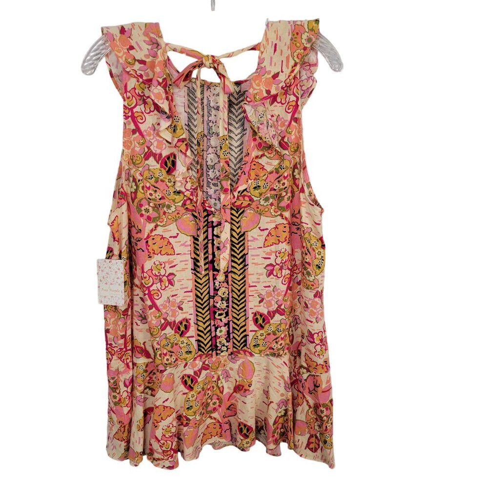Free People NWT Size L Dress Mini Linen Blend Floral Keyhole Back Pullover Pink - Picture 3 of 13